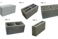 Виды керамзитобетонных блоков: Рис. 1 блок стеновой полнотелый; Рис. 2 блок стеновой 4-х щелевой; Рис. 3 блок стеновой 7-ми щелевой; Рис. 4 блок стеновой двух пустотный; Рис. 5 блок перегородочный 2-х пустотный.