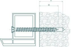 Саморез для бетона, вкрученный в стену: T – глубина сверления, H – глубина ввинчивания.